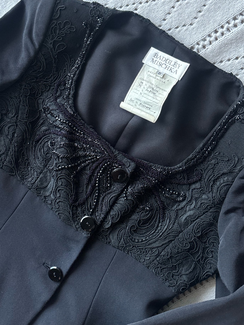 90s Vintage Badgley Mischka Formal Evening Blazer - Black Beaded Lace Women’s 6